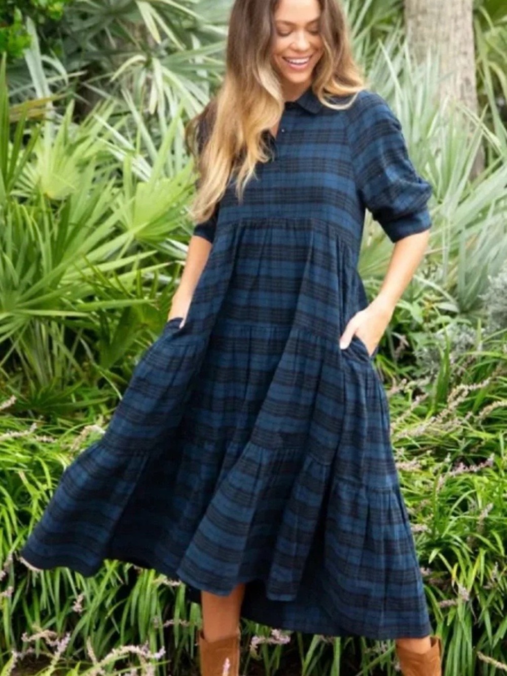 Natural Life Rebecca Flannel Midi Dress Sz L blue-black plaid NEW Boho Cottage